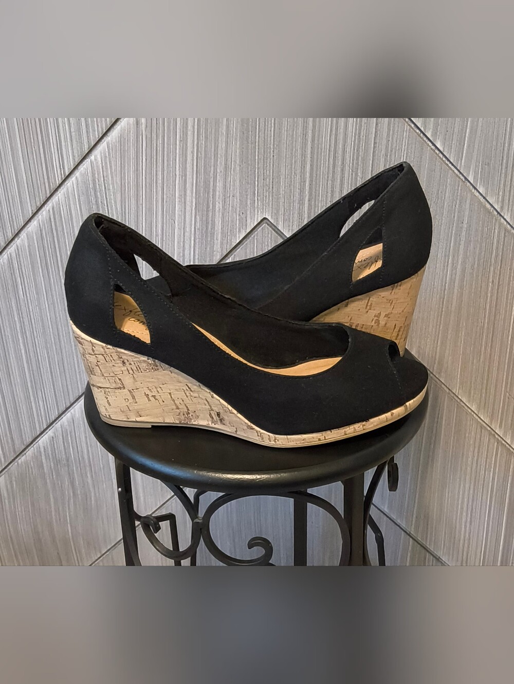 Dexflex Comfort Black Peep Toe Cork Wedge Pumps Heels Wide Width 6.5W